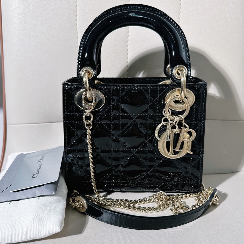 98新 Dior迪奧三格黑色漆皮金扣戴妃包-0
