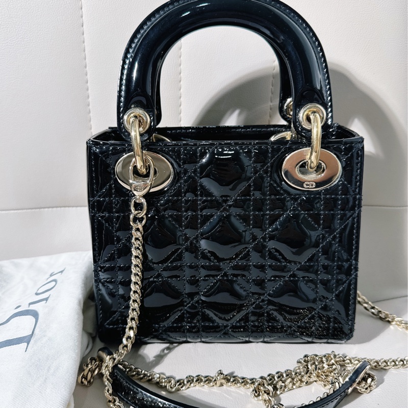 98新 Dior迪奧三格黑色漆皮金扣戴妃包-1