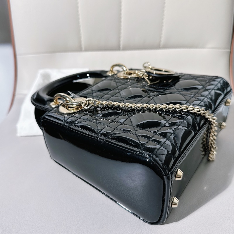 98新 Dior迪奧三格黑色漆皮金扣戴妃包-2