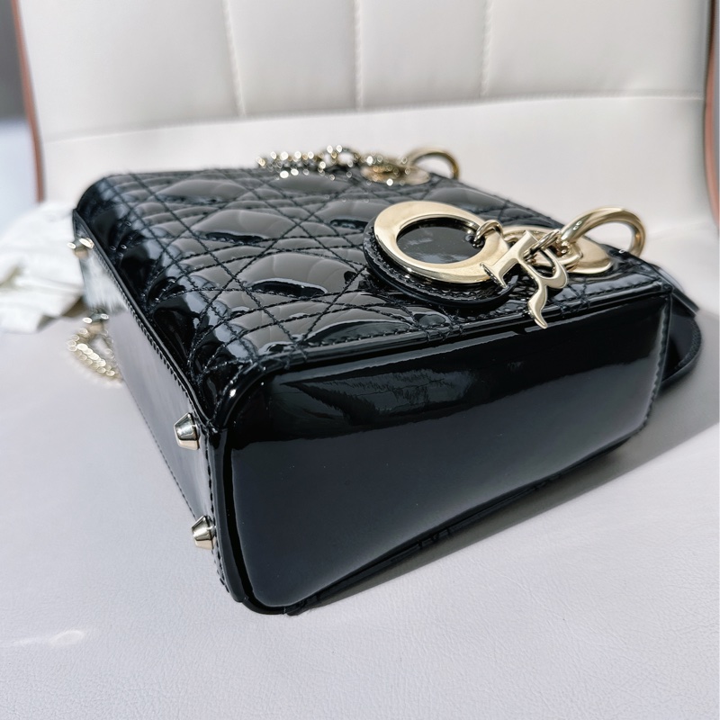 98新 Dior迪奧三格黑色漆皮金扣戴妃包-3