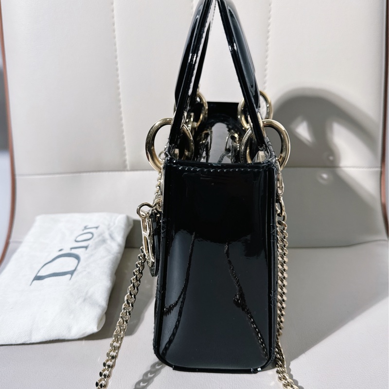 98新 Dior迪奧三格黑色漆皮金扣戴妃包-4