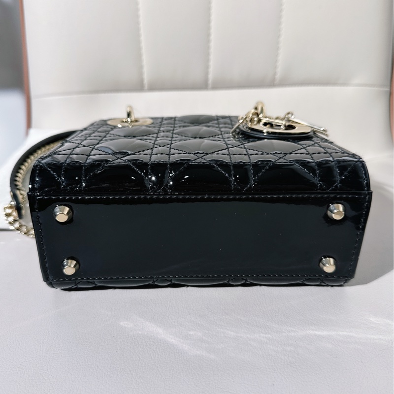 98新 Dior迪奧三格黑色漆皮金扣戴妃包-6