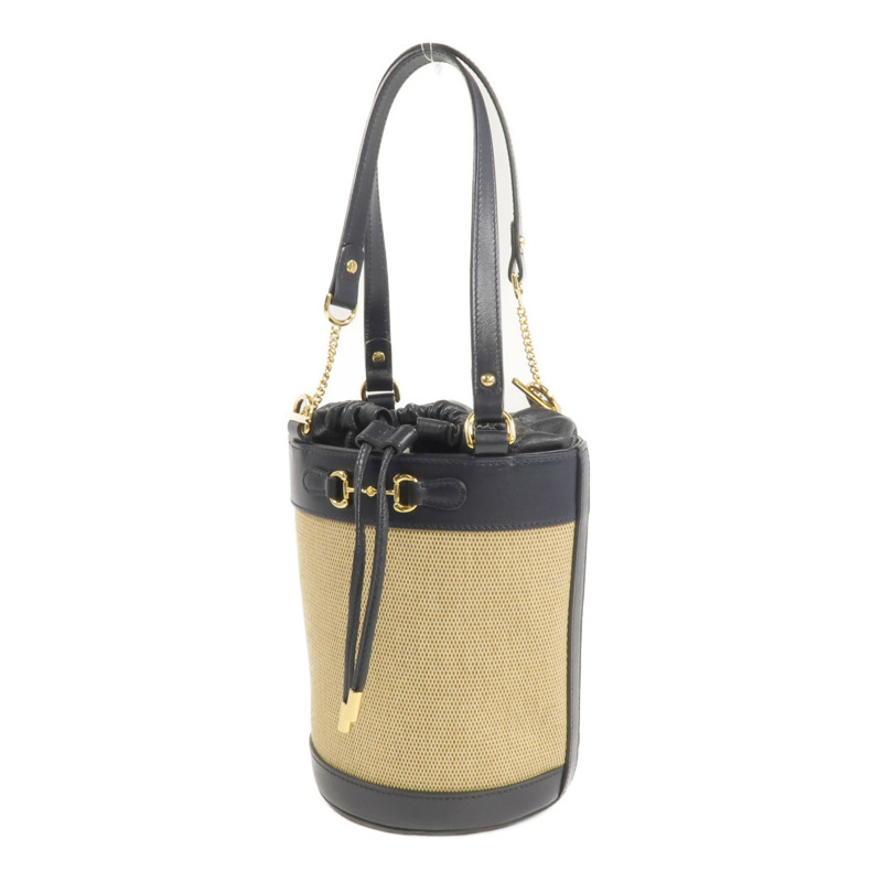 GUCCI 牛皮皮革/帆布Horsebit 1955 Bucket Bag金扣手挽袋-2