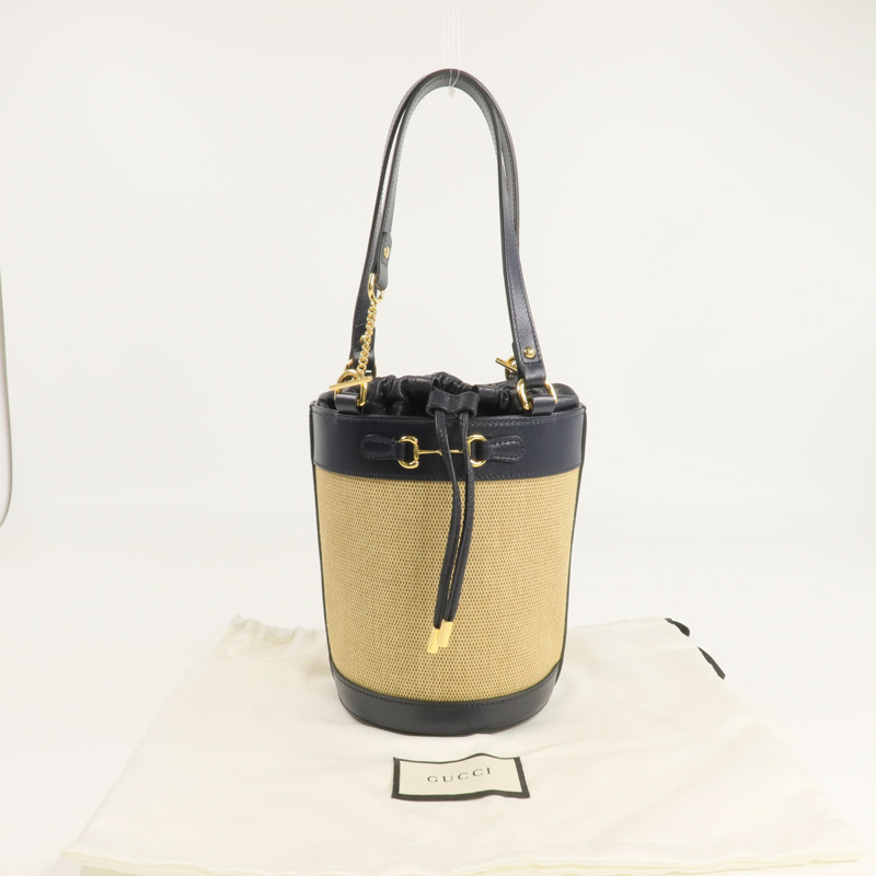 GUCCI 牛皮皮革/帆布Horsebit 1955 Bucket Bag金扣手挽袋-15