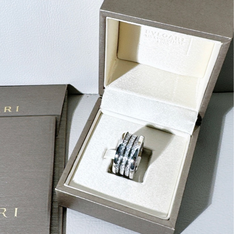 Bvlgari寶格麗 B.Zero1 系列 白金螺旋滿鑽 彈簧戒指，51 號-0