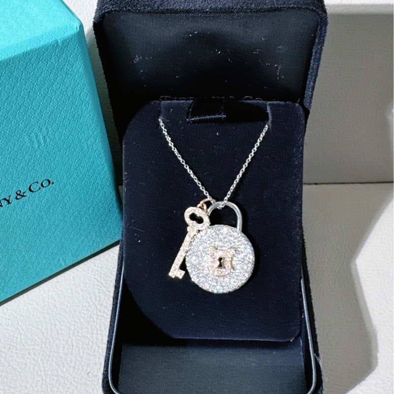 Tiffany 蒂芙尼 鉑金品 18K玫瑰金滿鑽大號鎖頭+鑰匙項鍊-1