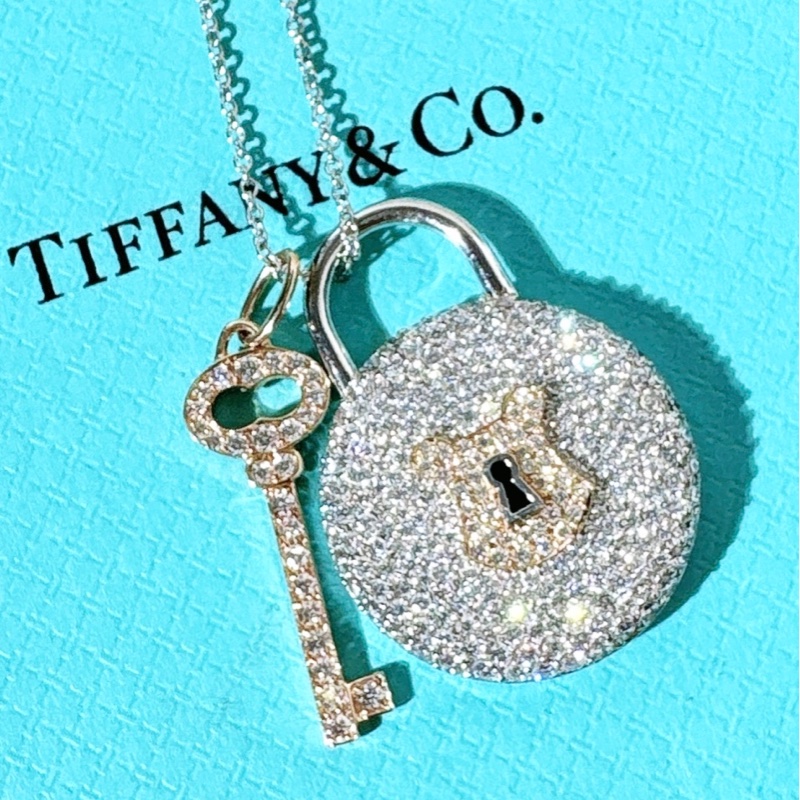 Tiffany 蒂芙尼 鉑金品 18K玫瑰金滿鑽大號鎖頭+鑰匙項鍊-4