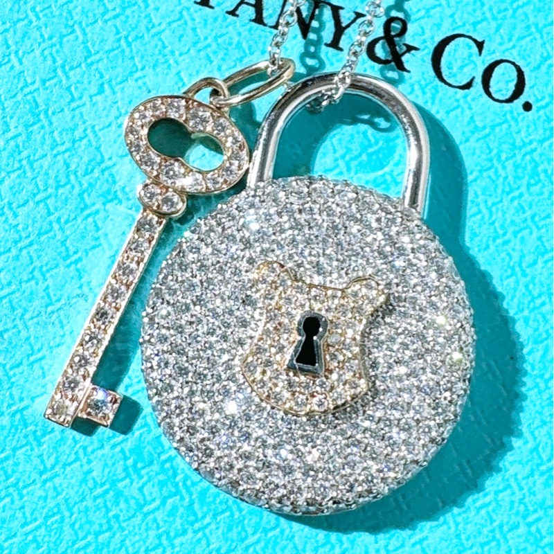 Tiffany 蒂芙尼 鉑金品 18K玫瑰金滿鑽大號鎖頭+鑰匙項鍊-5