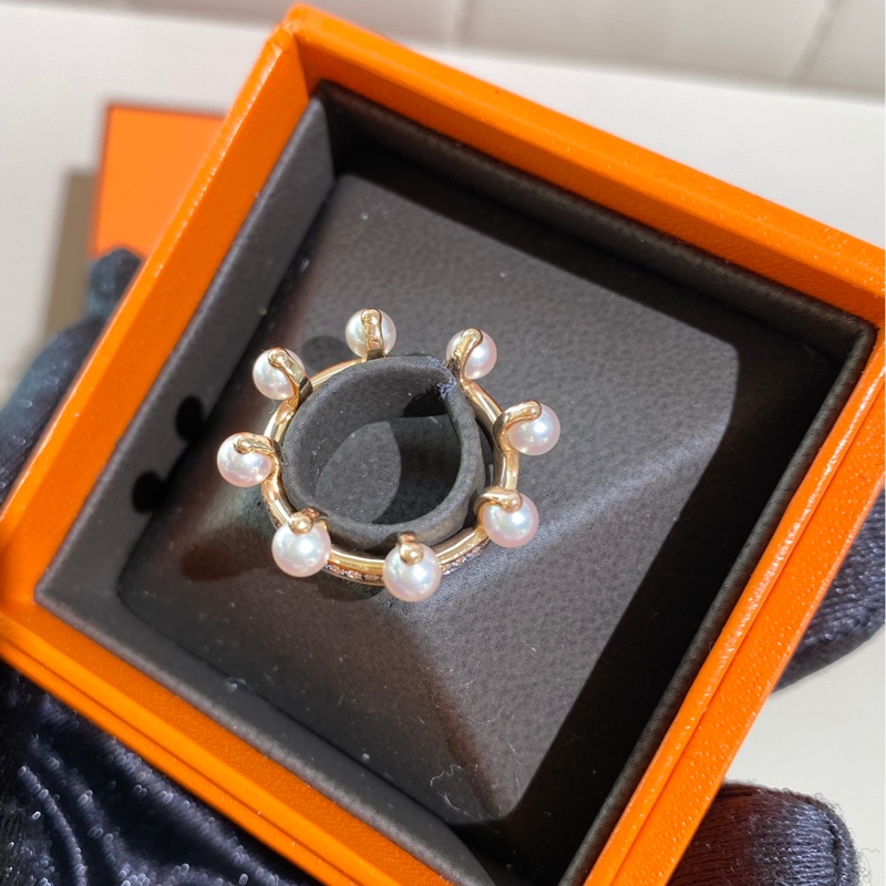 Hermes愛馬仕 新款高級珠寶chandra系列 珍珠鑲鑽戒指，50碼-4