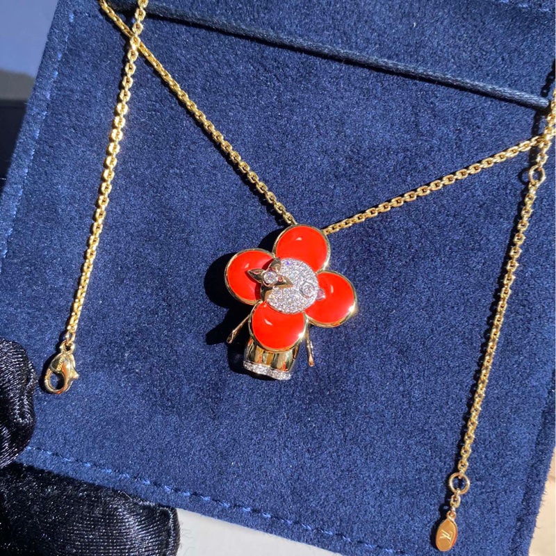 LV路易威登 Vivienne-珠寶系列，紅色帶鑽太陽花項鍊-4