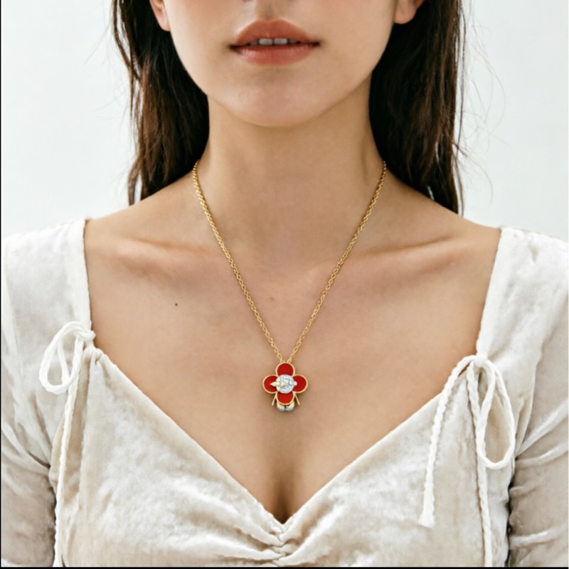 LV路易威登 Vivienne-珠寶系列，紅色帶鑽太陽花項鍊-8