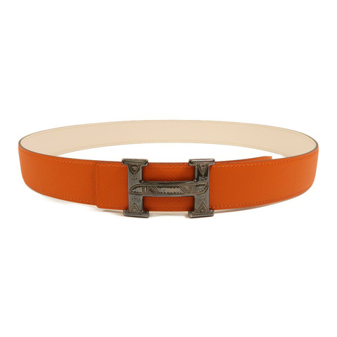 HERMES Epsom/Swift皮革/925純銀Constance H Belt皮帶Orange/Beton
