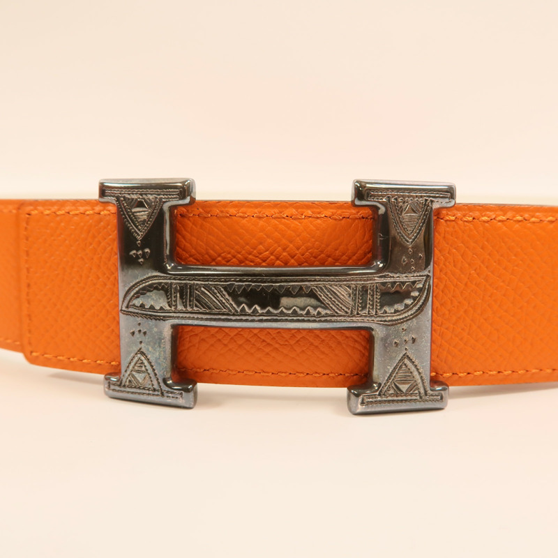 HERMES Epsom/Swift皮革/925純銀Constance H Belt皮帶Orange/Beton-2