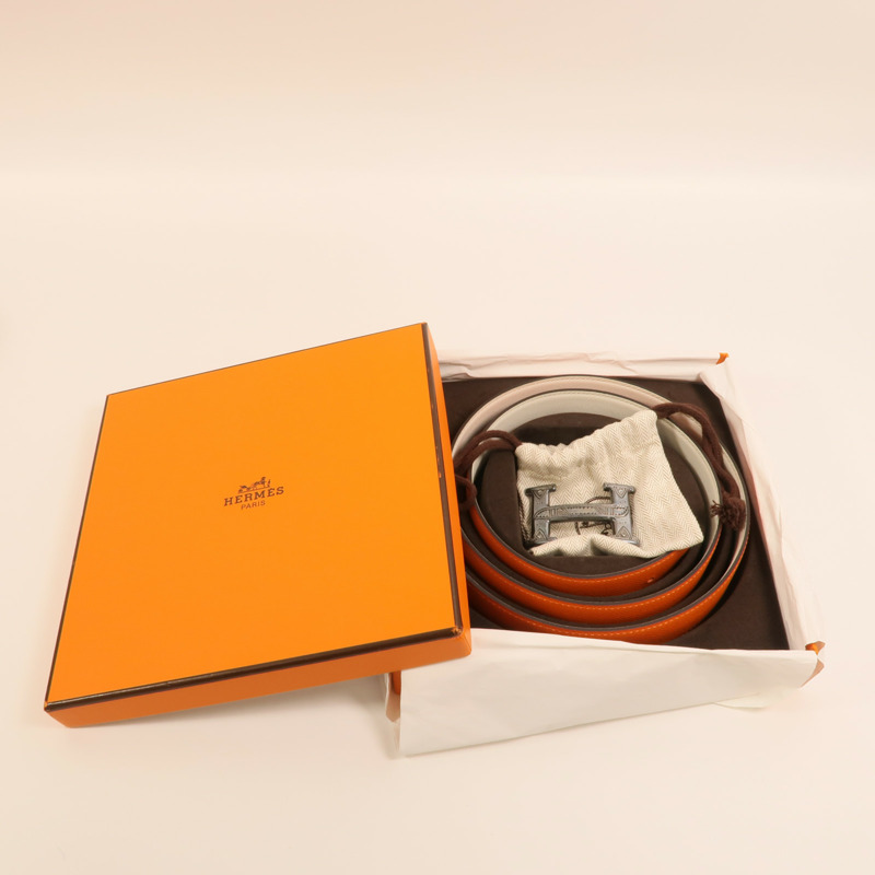 HERMES Epsom/Swift皮革/925純銀Constance H Belt皮帶Orange/Beton-6