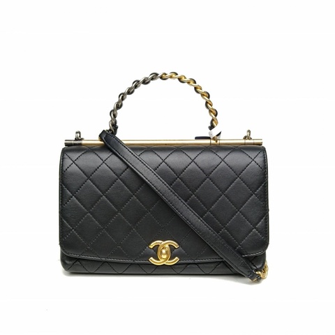 CHANEL 20S手柄口蓋包黑色羊皮30開金扣金屬皮穿手柄