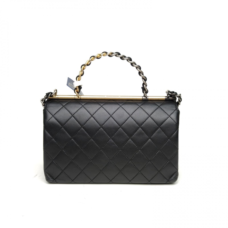 CHANEL 20S手柄口蓋包黑色羊皮30開金扣金屬皮穿手柄-2