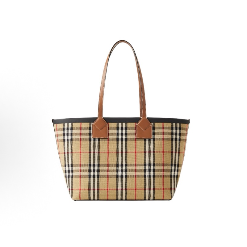 Burberry博柏利 London 裝飾提花格紋 棉質 托特包Tote包購物袋手提包 小號 女款 石楠棕 / 黑色-0