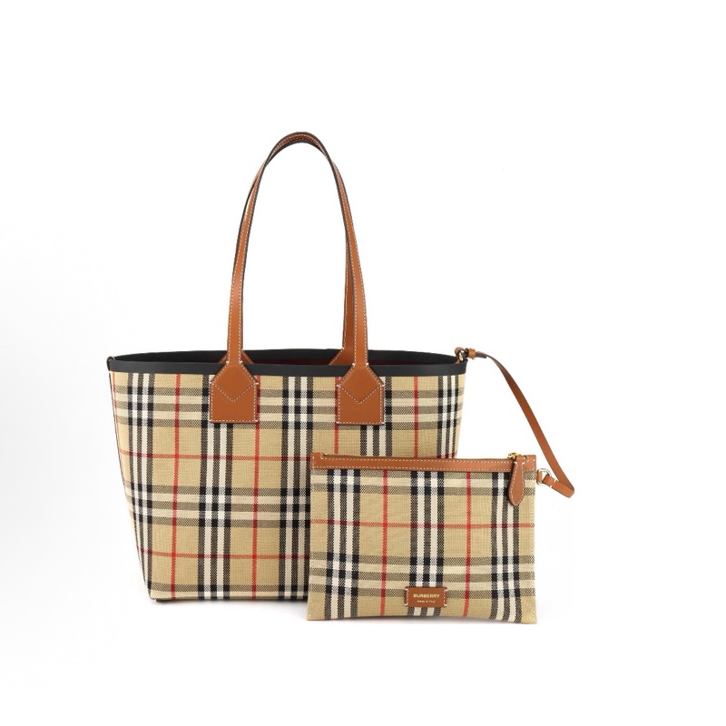Burberry博柏利 London 裝飾提花格紋 棉質 托特包Tote包購物袋手提包 小號 女款 石楠棕 / 黑色-1