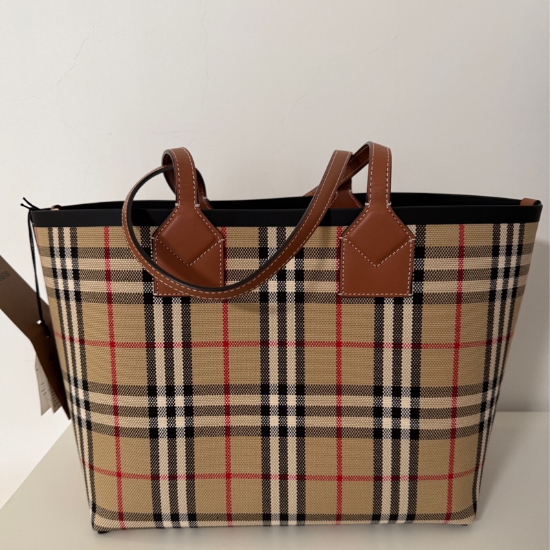 Burberry博柏利 London 裝飾提花格紋 棉質 托特包Tote包購物袋手提包 小號 女款 石楠棕 / 黑色-2