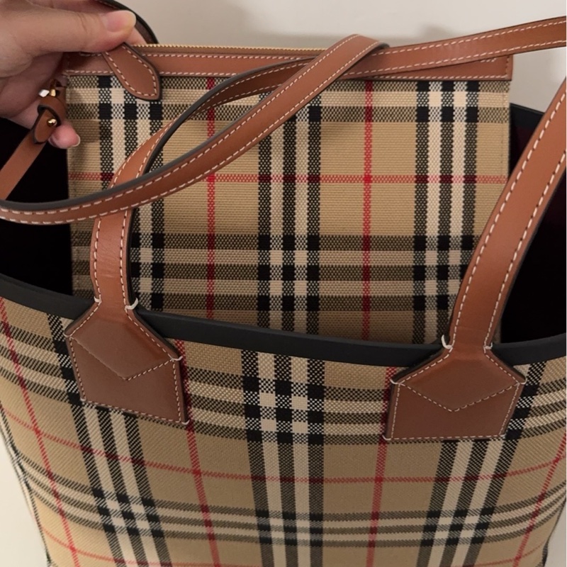 Burberry博柏利 London 裝飾提花格紋 棉質 托特包Tote包購物袋手提包 小號 女款 石楠棕 / 黑色-3