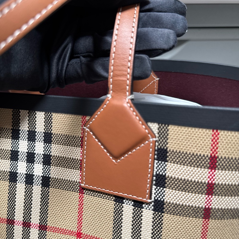 Burberry博柏利 London 裝飾提花格紋 棉質 托特包Tote包購物袋手提包 小號 女款 石楠棕 / 黑色-5