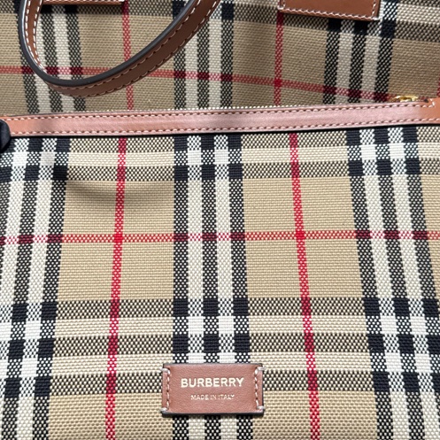 Burberry博柏利 London 裝飾提花格紋 棉質 托特包Tote包購物袋手提包 小號 女款 石楠棕 / 黑色-7