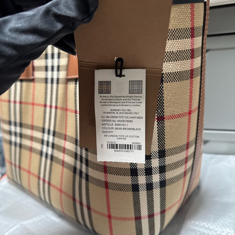 Burberry博柏利 London 裝飾提花格紋 棉質 托特包Tote包購物袋手提包 小號 女款 石楠棕 / 黑色-9