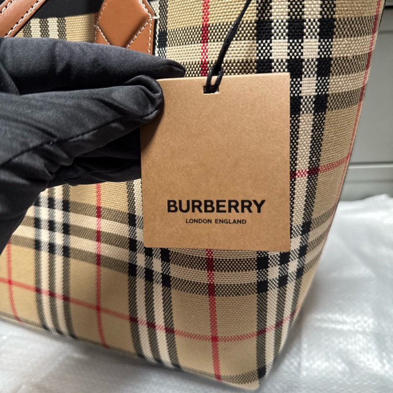 Burberry博柏利 London 裝飾提花格紋 棉質 托特包Tote包購物袋手提包 小號 女款 石楠棕 / 黑色-10