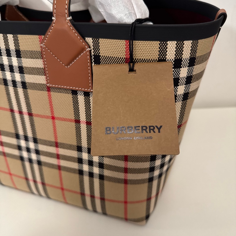 Burberry博柏利 London 裝飾提花格紋 棉質 托特包Tote包購物袋手提包 小號 女款 石楠棕 / 黑色-7