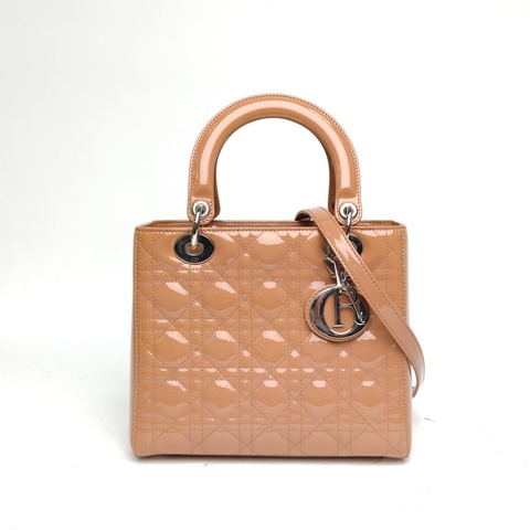 DIOR LadyDior戴妃包五格奶茶色漆皮銀扣2012