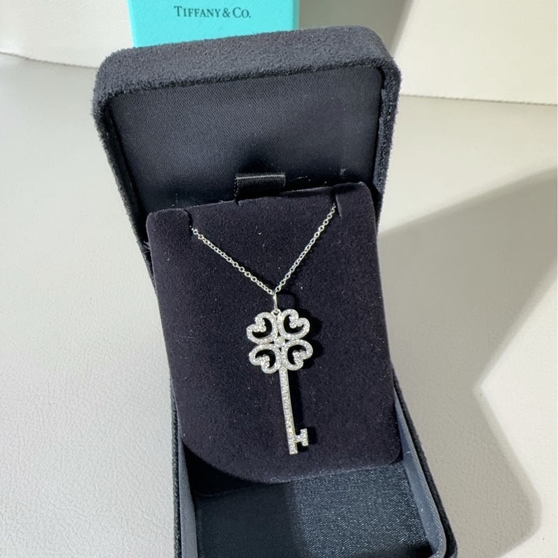 Tiffany蒂芙尼 keys系列 PT950鉑金滿鑽 四葉草愛心鑰匙項鍊-2
