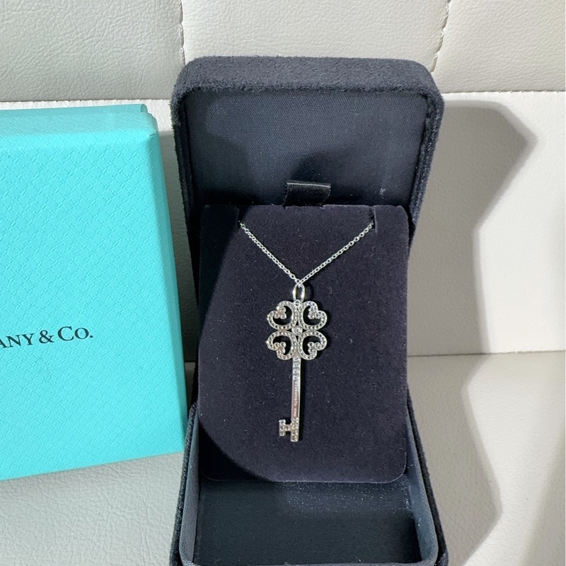 Tiffany蒂芙尼 keys系列 PT950鉑金滿鑽 四葉草愛心鑰匙項鍊-3
