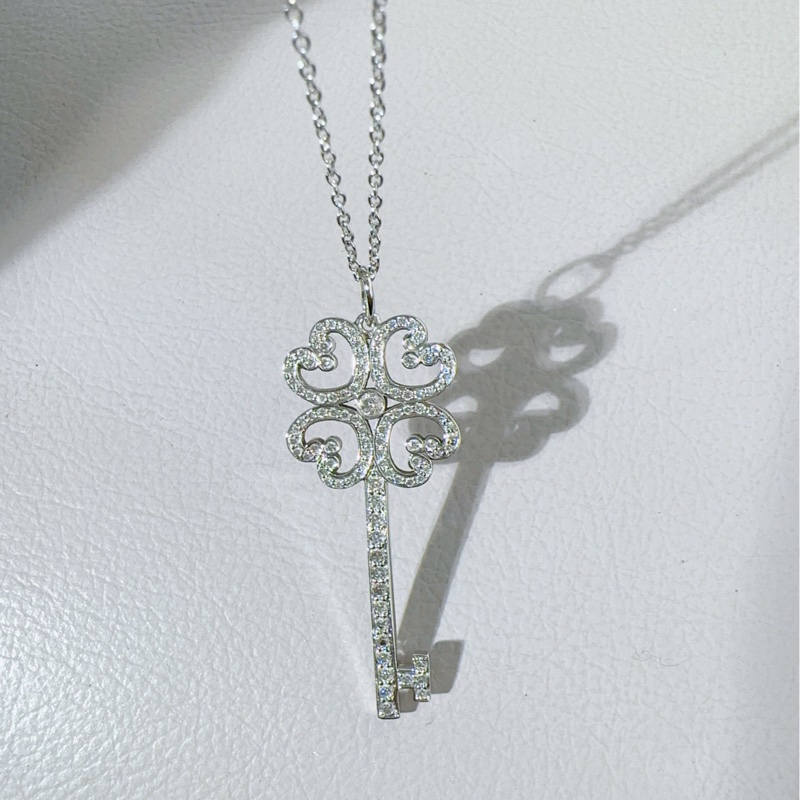 Tiffany蒂芙尼 keys系列 PT950鉑金滿鑽 四葉草愛心鑰匙項鍊-5