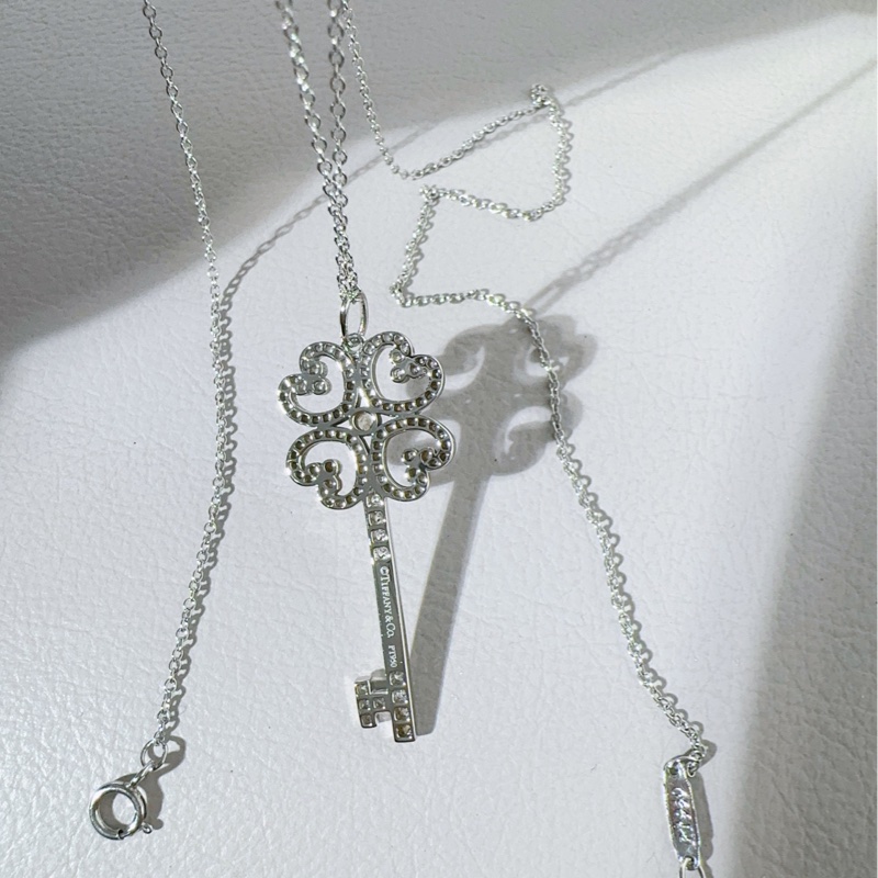 Tiffany蒂芙尼 keys系列 PT950鉑金滿鑽 四葉草愛心鑰匙項鍊-7