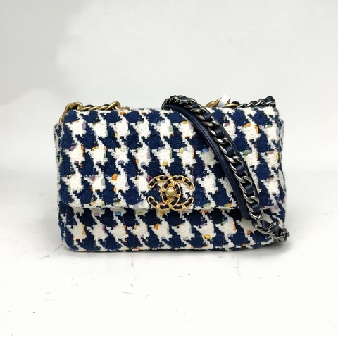 CHANEL 19BAG口蓋包小號藍白千鳥格毛呢31開金銀扣