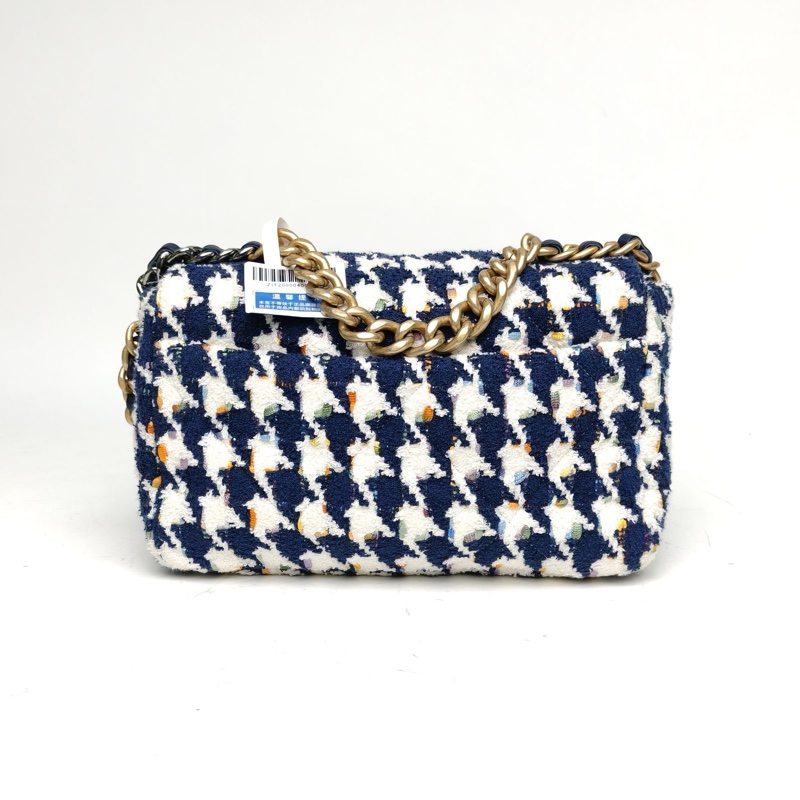 CHANEL 19BAG口蓋包小號藍白千鳥格毛呢31開金銀扣-2
