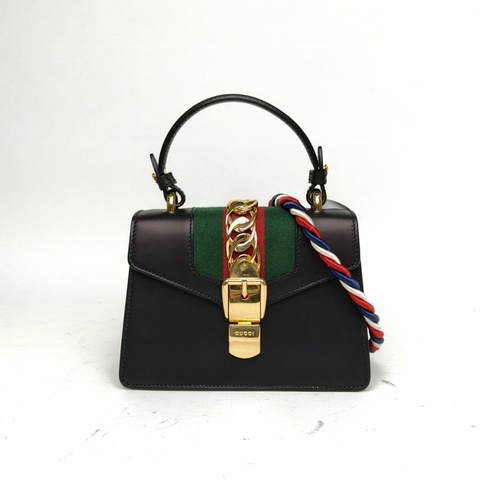 GUCCI 黑色牛皮金扣Sylvie塞爾維亞絲帶包皮手帶Mini20