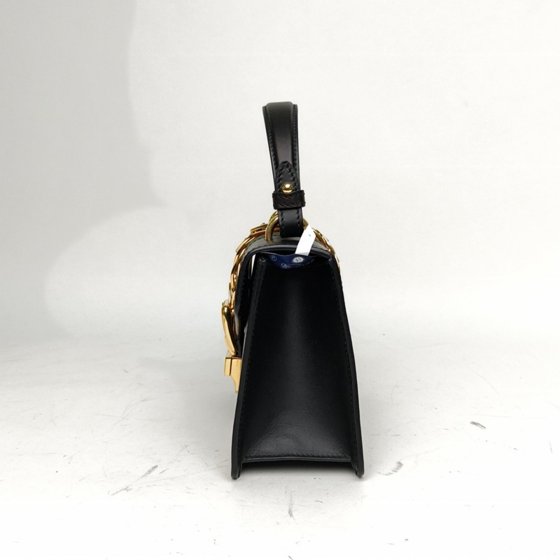 GUCCI 黑色牛皮金扣Sylvie塞爾維亞絲帶包皮手帶Mini20-1