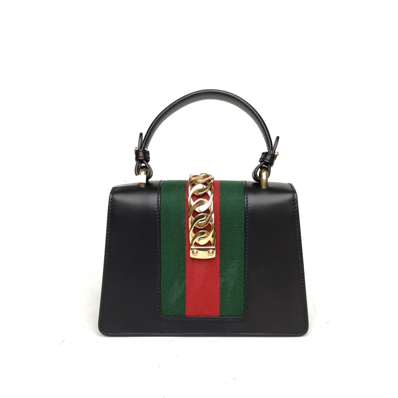 GUCCI 黑色牛皮金扣Sylvie塞爾維亞絲帶包皮手帶Mini20-2