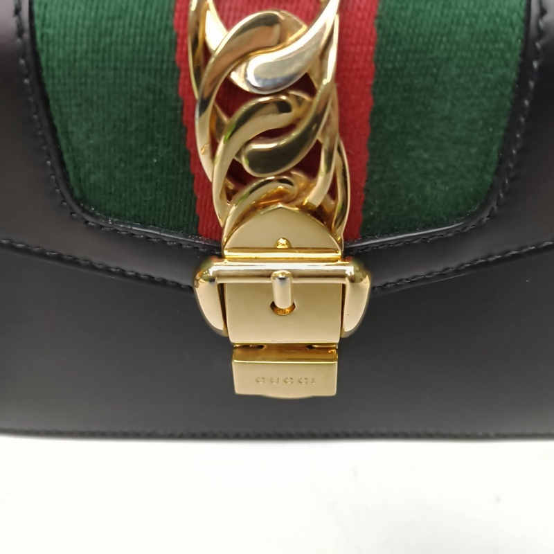 GUCCI 黑色牛皮金扣Sylvie塞爾維亞絲帶包皮手帶Mini20-4