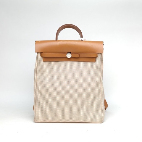 HERMES HERBAGadoszip雙肩包米色拼自然色帆布/牛皮Z刻銀扣