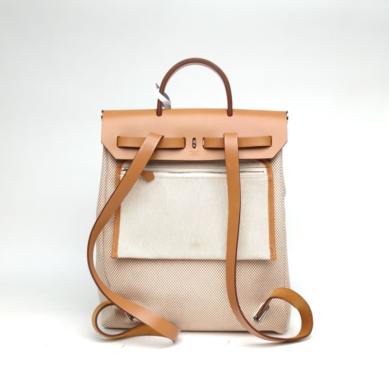 HERMES HERBAGadoszip雙肩包米色拼自然色帆布/牛皮Z刻銀扣-2