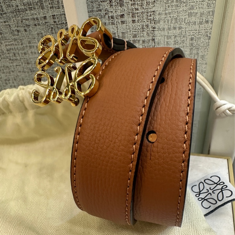 Loewe 棕色牛皮logo釦頭anagram皮帶-0