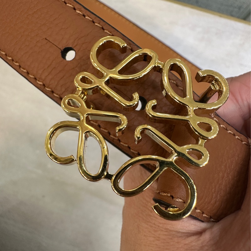Loewe 棕色牛皮logo釦頭anagram皮帶-5