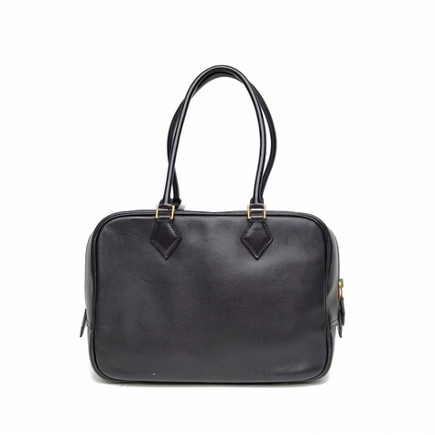 HERMES Plume手提包28黑色拼火焰橙EVERGRAIN皮X刻金扣