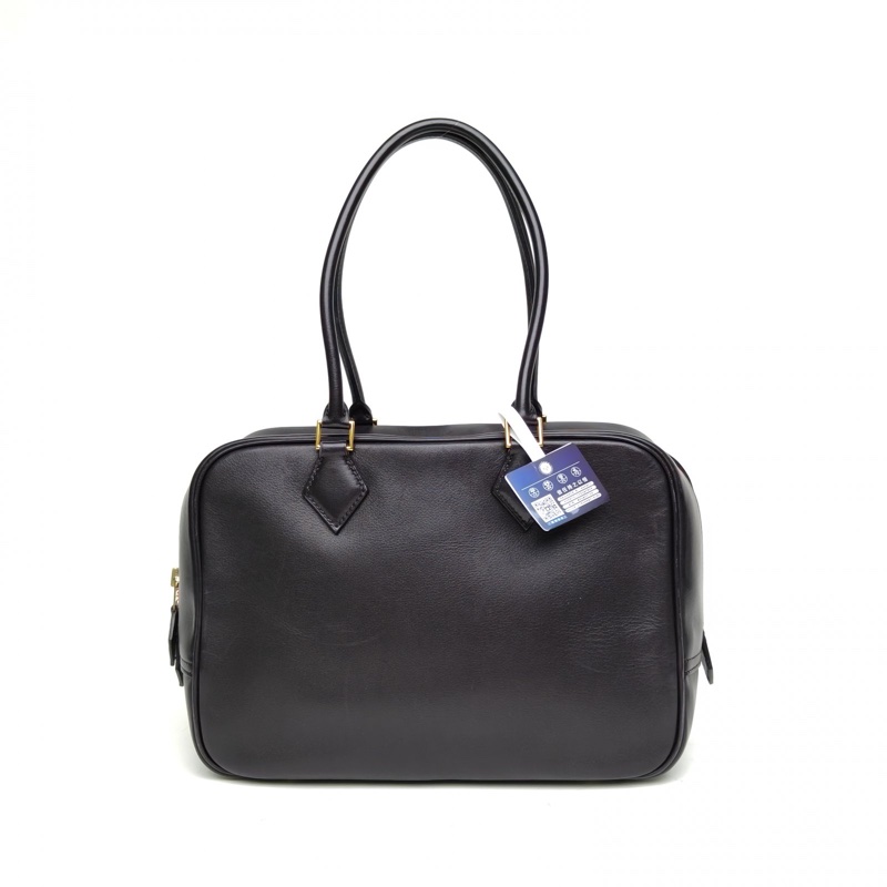 HERMES Plume手提包28黑色拼火焰橙EVERGRAIN皮X刻金扣-2