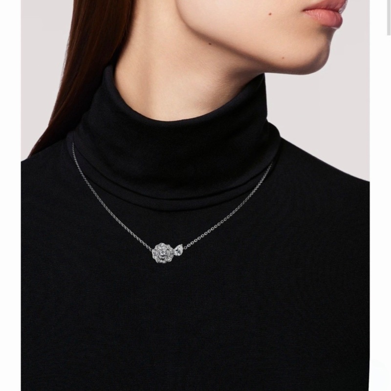 Chanel香奈兒 CAMÉLIA PRÉCIEUX系列 白金滿鑽山茶花水滴項鍊-7