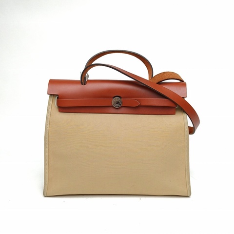 HERMES Herbag31米色拼楓葉棕帆布/牛皮X刻銀扣