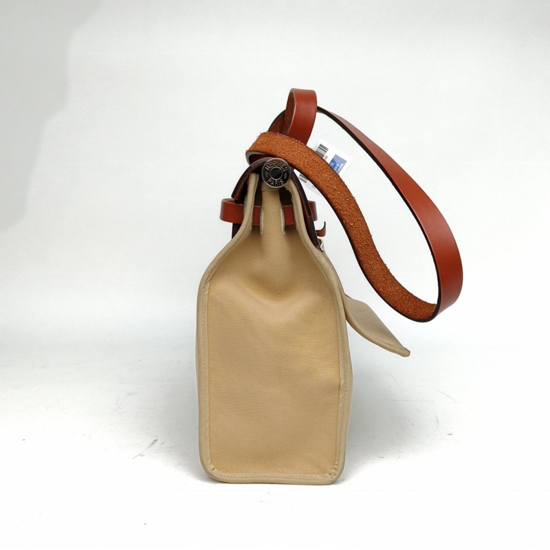 HERMES Herbag31米色拼楓葉棕帆布/牛皮X刻銀扣-1