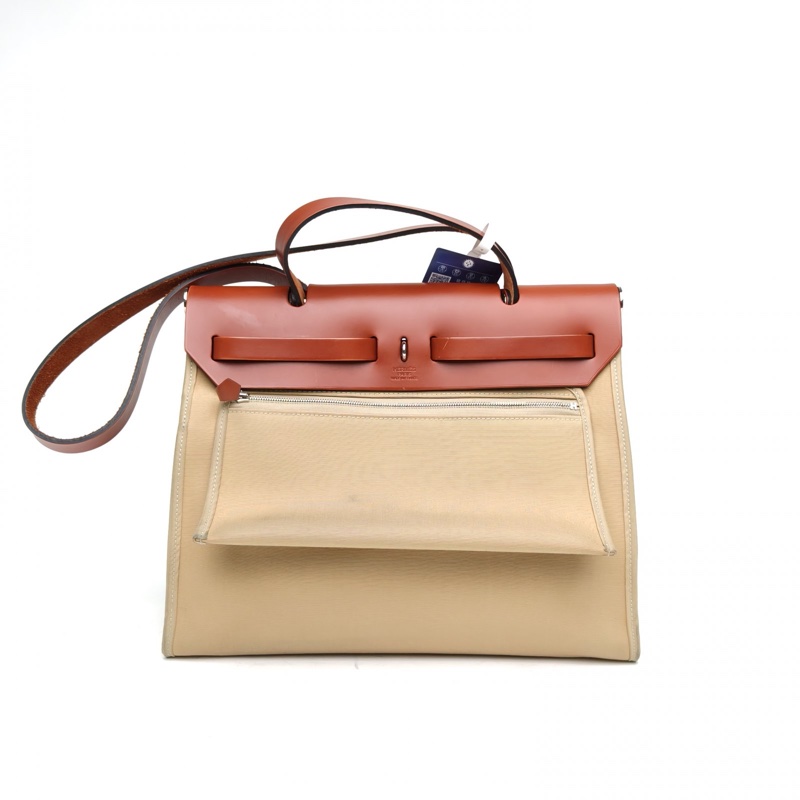 HERMES Herbag31米色拼楓葉棕帆布/牛皮X刻銀扣-2